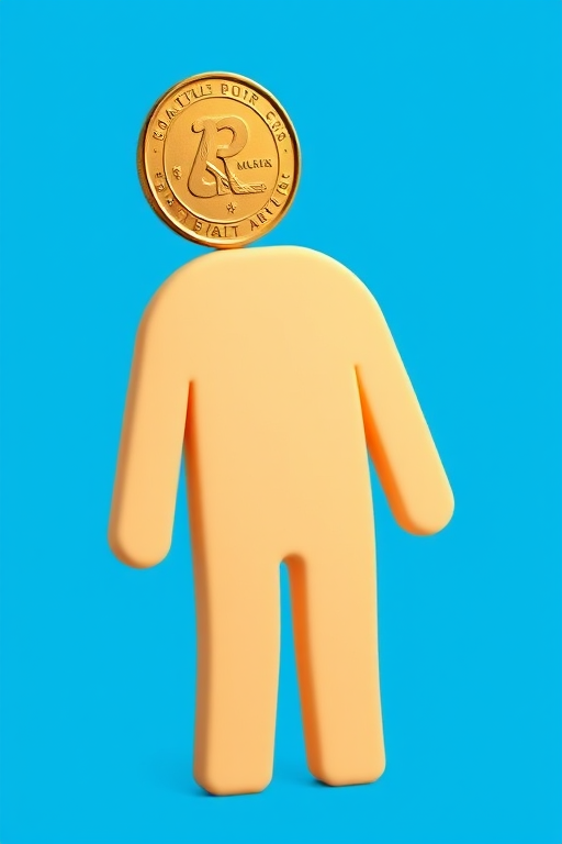 Create a digital illustration of a simple, stylized human figure with a coin placed on its head, using a bright blue background, shot with a Canon EOS R5 at f/5.6, ISO 100, and a 50mm lens in portrait mode for a clean and vibrant look.