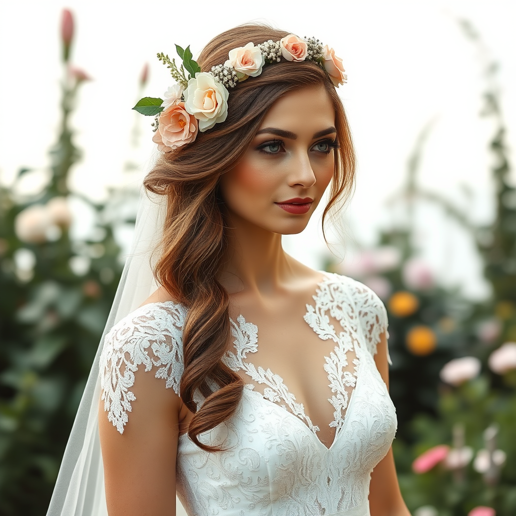 Garden scene, bridal model, delicate lace gown, floral headpiece, soft romantic focus, high-key lighting and an 85mm lens for soft, even tones that highlight the model’s face and bright outfit against a white or light background