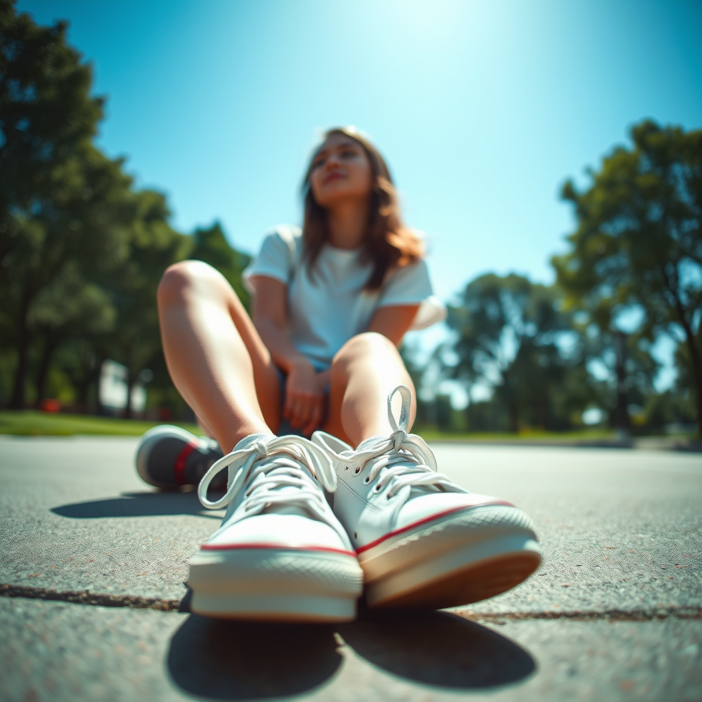 Generate an ultra-realistic, highly detailed, high-definition photograph. It's a photo of a girl sitting on the floor. She's looking at the horizon. The photo is taken from the bottom up, at ground level. The girl's sneakers are in the foreground, in the center of the scene. The girl is wearing light clothes, a t-shirt and short shorts. The sky is blue. Bright environment. The background is a blurred image of a park.