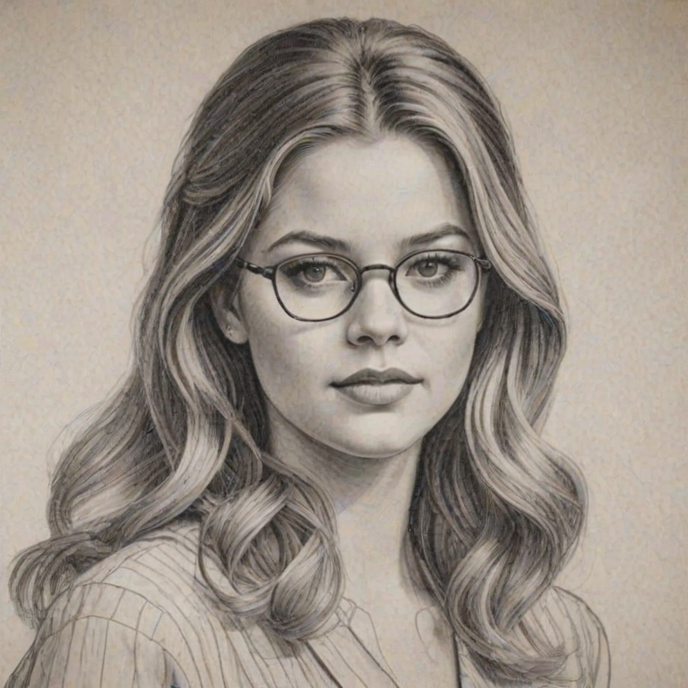 Fascinating Sasha Pieterse, pencil sketch, portrait of Alluring woman 1934s in glasses, hair style beatnik, outline, clear lines, fine lines, 8k