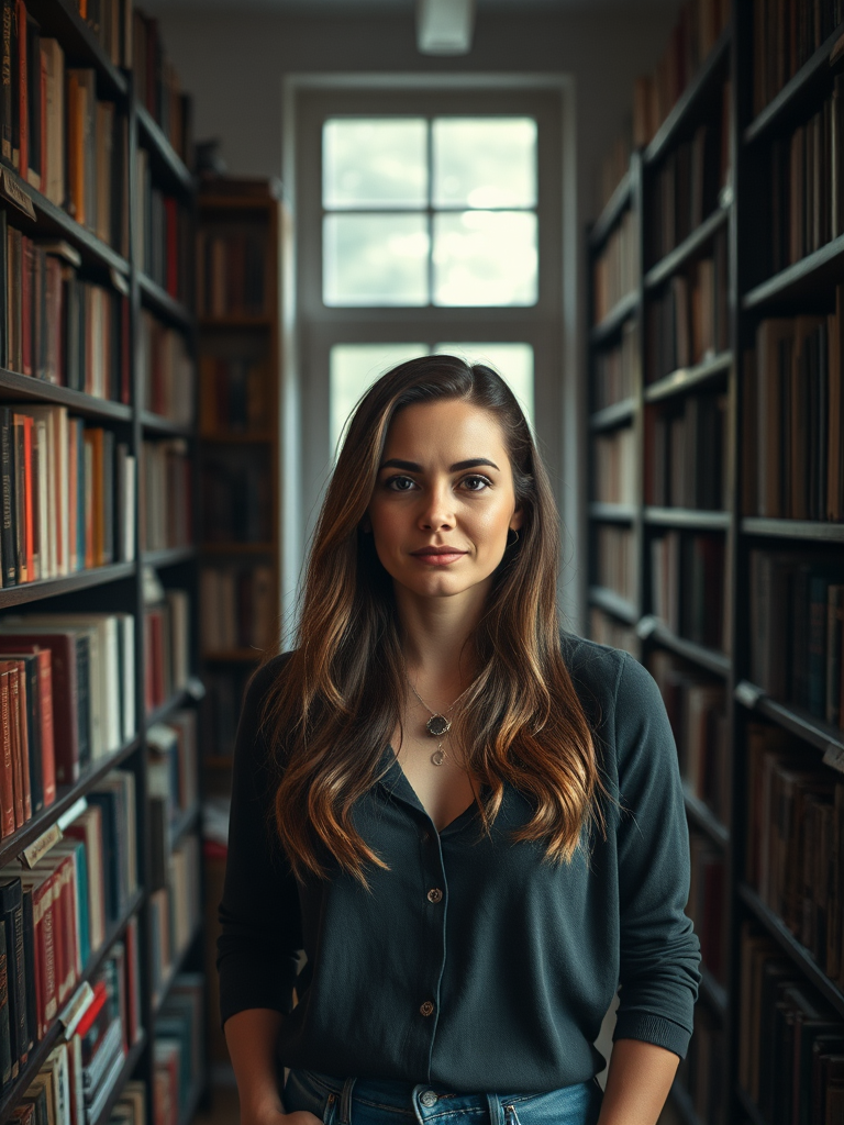 Create a portrait of a woman standing in a cozy room filled with bookshelves overflowing with vintage books, captured with a 50mm lens at f/1.8, ISO 100, soft natural lighting, in realistic style using a DSLR camera.