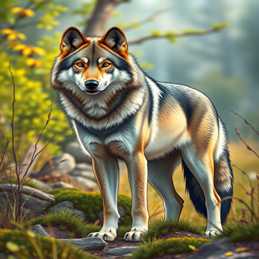 Create a detailed and high-resolution color illustration of a wolf standing confidently in a natural environment, using a DSLR camera with a 50mm lens, aperture set to f/2.8, shutter speed at 1/200 sec, ISO 200, and take the photo from a low angle to emphasize the wolf's stature and surrounding vegetation.