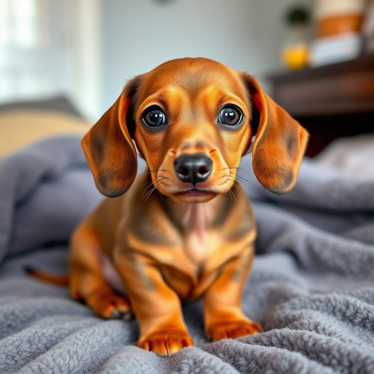 Cute brown dachshund puppy with big eyes sitting on a soft grey blanket looking directly at the camera in a well-lit environment.