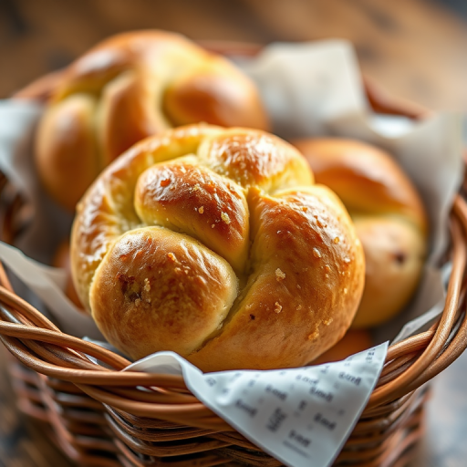 Capture a close-up shot of a beautifully baked garlic knot bread in a wicker basket, natural light, aperture f/2.8, ISO 200, 50mm lens, shallow depth of field, vibrant colors, showcasing texture and detail of the bread.