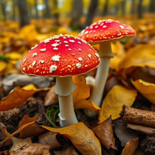 mushrooms in a forest with vibrant red caps and white spots surrounded by yellow and brown autumn leaves, macro view, aperture f/2.8, ISO 100, 50mm lens, natural light, DSLR camera