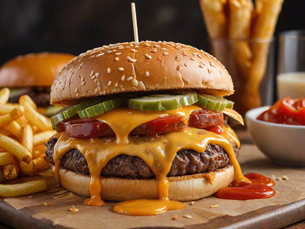 High-resolution, close-up image of a gourmet double cheeseburger. The burger features a glossy, sesame-seed-topped brioche bun. Inside, there are two thick, juicy beef patties, each topped with melted cheddar cheese. The burger is garnished with fresh lettuce, tomato slices, diced onions, and pickles. A generous amount of ketchup and a creamy, orange-colored sauce is dripping down the sides, adding to the mouth-watering appeal. In the background, there are blurred elements including a side of golden French fries and a hint of a beverage, enhancing the overall presentation of a delicious meal.