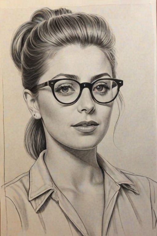 Gorgeous Lo Bosworth, pencil sketch, portrait of Pleasing woman 1944s in glasses, hair style beatnik, outline, clear lines, fine lines, 8k