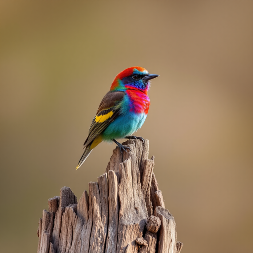 A vibrant bird perched on a weathered stump, background softly blurred, captured with a Canon EOS 5D Mark IV, 300mm lens, f/2.8 aperture, ISO 200, shutter speed 1/1000s, natural lighting, focused on subject with creamy bokeh.