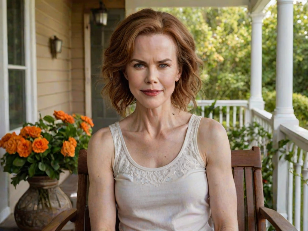 A photo of Nicole Kidman with a background of a cozy porch. She has dark hair pulled back in an updo, with tendrils framing her face. She wears a white tank top and sits on the porch. The porch is part of a well-lit home with a warm, earthy tone and colorful flowers and foliage. The overall scene has a warm, welcoming, and comfortable ambiance.