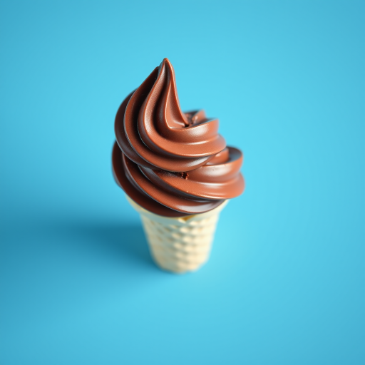 Generate an image of a chocolate ice cream cone on a solid blue background, with a soft focus effect, using a DSLR camera with a 50mm lens, f/1.8 aperture, ISO 100, and natural lighting.