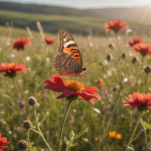 Close-up of a butterfly landing on a vibrant red flower in a sunny meadow, with delicate wings gently illuminated by soft sunlight, and distant wildflowers creating a colorful, softly blurred backdrop.