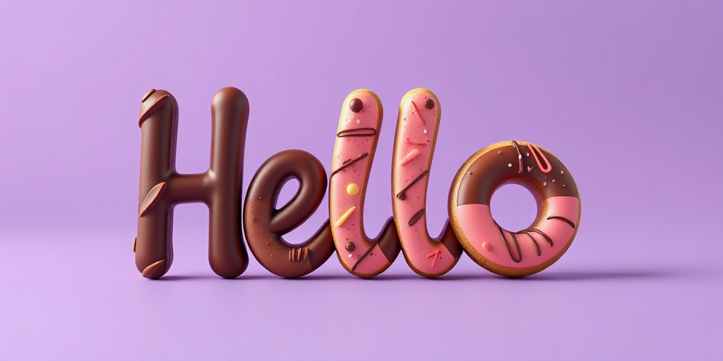 create a 3D rendered image of the word "Hello" made of chocolate and donut textures with a smooth purple background, use a Canon EOS R5 camera, aperture f/8, shutter speed 1/125s, ISO 100, shot from a low angle perspective, soft lighting for enhanced detail and texture.