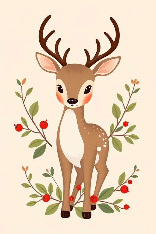 Create a high-resolution vector image of a whimsical deer surrounded by leaves and berries, set against a soft beige background, using a DSLR camera with a 50mm lens, aperture f/2.8, ISO 100, and in portrait orientation for vibrant colors and sharp details.