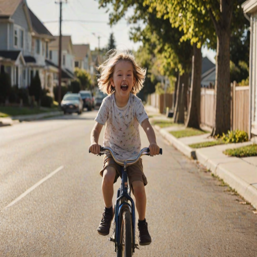 Blurry action shot of a child riding a bicycle down a suburban street, the wind blowing through their hair, soft sunlight reflecting off the pavement, distant houses with picket fences, the sound of laughter and dogs barking in the background.