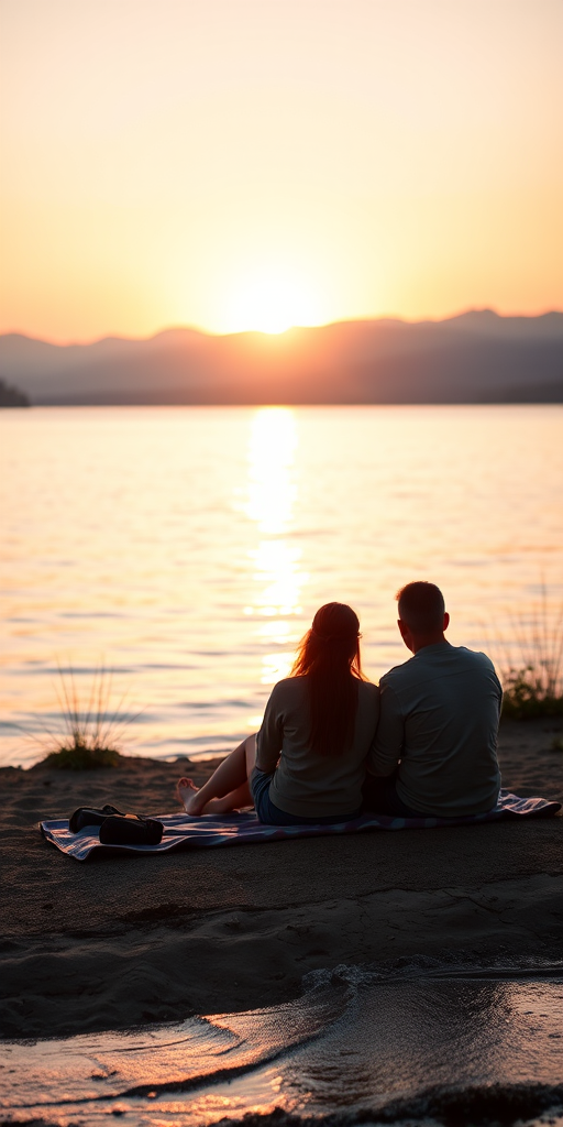 Warmly lit image of a couple sitting on a blanket by a lake at sunset, soft glow from the setting sun reflecting off the water, distant mountains silhouetted against the sky, gentle waves lapping at the shore, a peaceful, quiet moment captured.