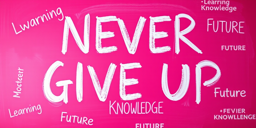 Create an inspiring classroom scene with the words "NEVER GIVE UP" in bold white chalk on a vibrant pink chalkboard, surrounded by dynamic keywords related to education like "Learning," "Knowledge," and "Future," captured with a DSLR camera, 50mm lens at f/1.8, ISO 200, shutter speed 1/100s, top-down view, high saturation for enhanced color quality.