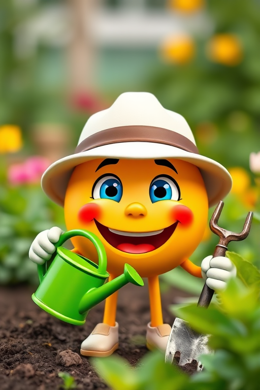 Create a vibrant cartoon-style illustration of a smiling emoji with bright blue eyes wearing a white hat, holding a green watering can in one hand and a garden hoe in the other, with a soft-focus background of a garden, captured with a DSLR camera at f/1.8, ISO 100, 50mm lens, and a wide-angle view to enhance depth.