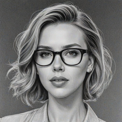 Attractive Scarlett Johansson, pencil sketch, portrait of Elegant woman 1979s in glasses, hair style beatnik, outline, clear lines, fine lines, 8k