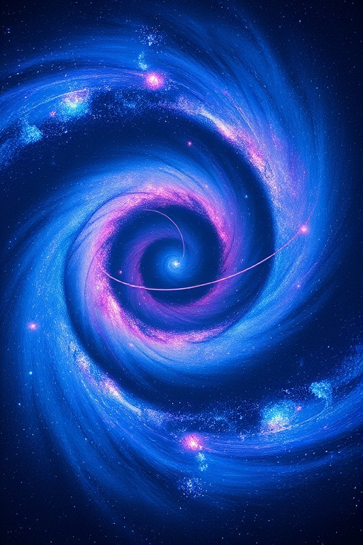 Create a mesmerizing digital artwork of a swirling galaxy with vibrant blue and purple hues, featuring bright star trails in a spiral pattern, using a DSLR camera at f/2.8, ISO 800, 30-second exposure, captured in a wide-angle view with a landscape orientation to enhance depth and detail.