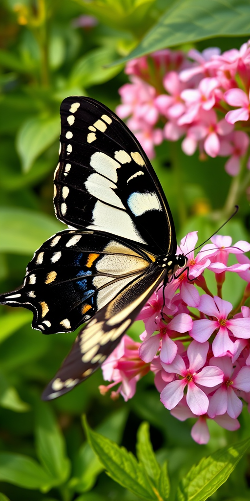 Generate an image of a butterfly with striking black and white wings perched on delicate pink flowers, surrounded by lush green foliage. The scene should convey a serene and vibrant natural setting.