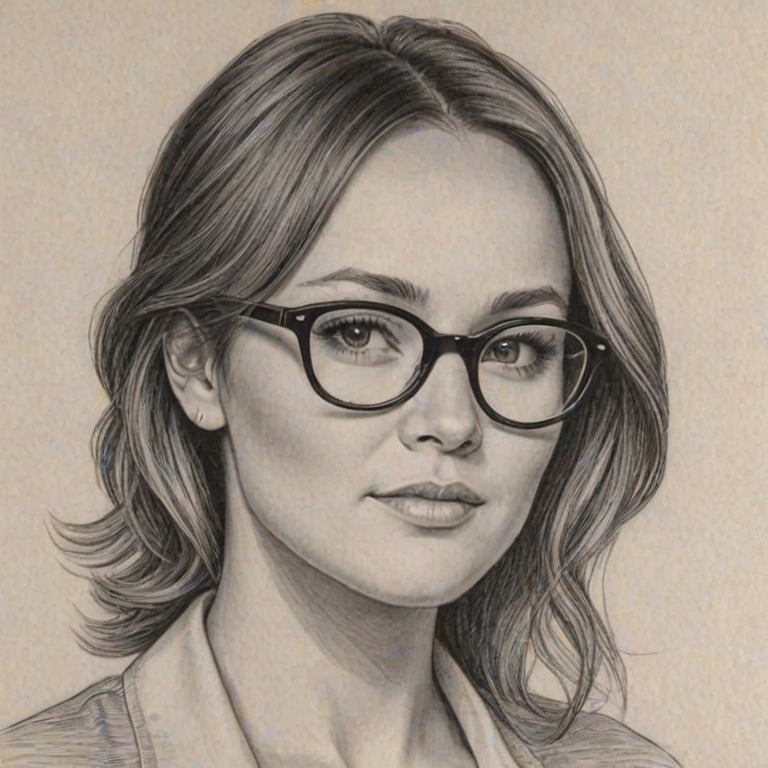 Charming Briana Evigan, pencil sketch, portrait of Magnificent woman 1955s in glasses, hair style beatnik, outline, clear lines, fine lines, 8k