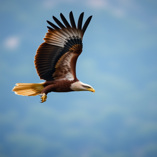high-resolution image of a soaring eagle in mid-flight, captured with a Canon EOS-1D X Mark III, 300mm lens, aperture f/4, ISO 400, shutter speed 1/2000s, vibrant colors, soft blurred background, natural light, dynamic angle