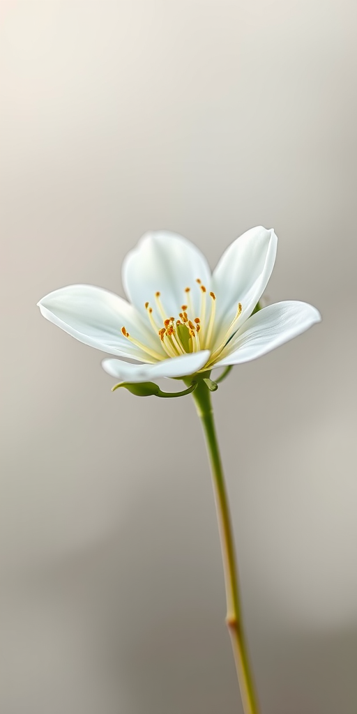 Create a high-resolution illustration of a white flower with delicate petals and green buds against a soft gradient background, using a macro lens with an aperture of f/2.8, focal length of 100mm, and a shallow depth of field to enhance details and blur the background.