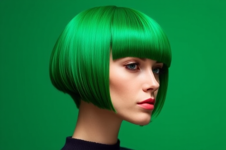 Bold emerald green bob with sleek straight edges, the "Jade Precision" cut offers a futuristic and avant-garde aesthetic for those who dare to stand out