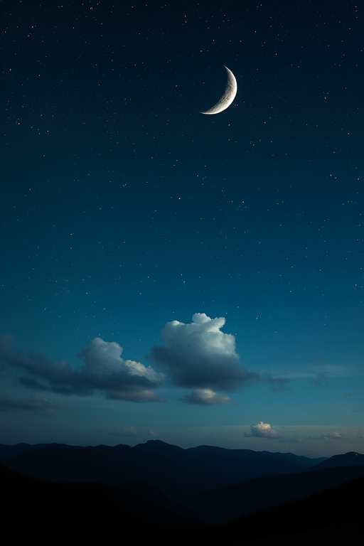 Create a serene night sky scene with a crescent moon, fluffy clouds, scattered stars, and silhouette mountains in the foreground, captured with a wide-angle lens at f/2.8, ISO 400, shutter speed 1/60s in a digital DSLR style for enhanced clarity and depth.