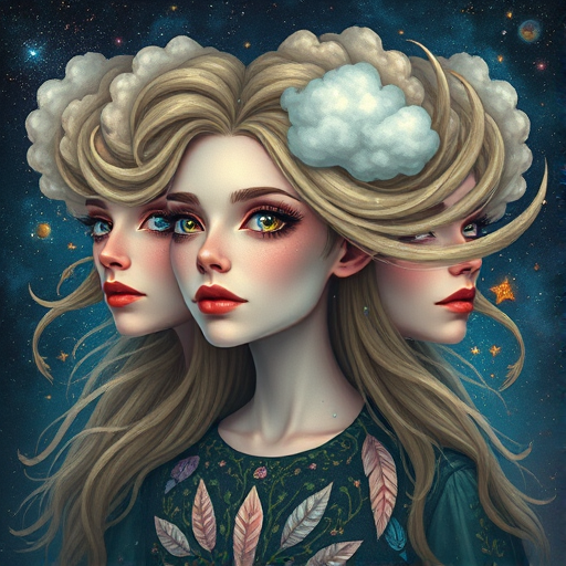 Create a series of imaginative portraits where each subject is infused with elements of fantasy and nature. The hair of the individuals should flow like clouds, varying from soft, fluffy cumulus to wispy cirrus strands, with hints of color reflecting a sunset or a clear blue sky. The eyes should be windows to entire galaxies, with stars, nebulae, and distant planets visible within them. Clothing should be adorned with nature motifs, such as floral patterns that bloom and change, vines that seem to grow and wrap around, or feathers that shimmer with iridescence. Each portrait should capture a unique personality, blending human features with the ethereal beauty of the natural and cosmic world. The backgrounds can vary, from starry night skies to enchanted forests, adding depth and context to the magical realism of the portraits