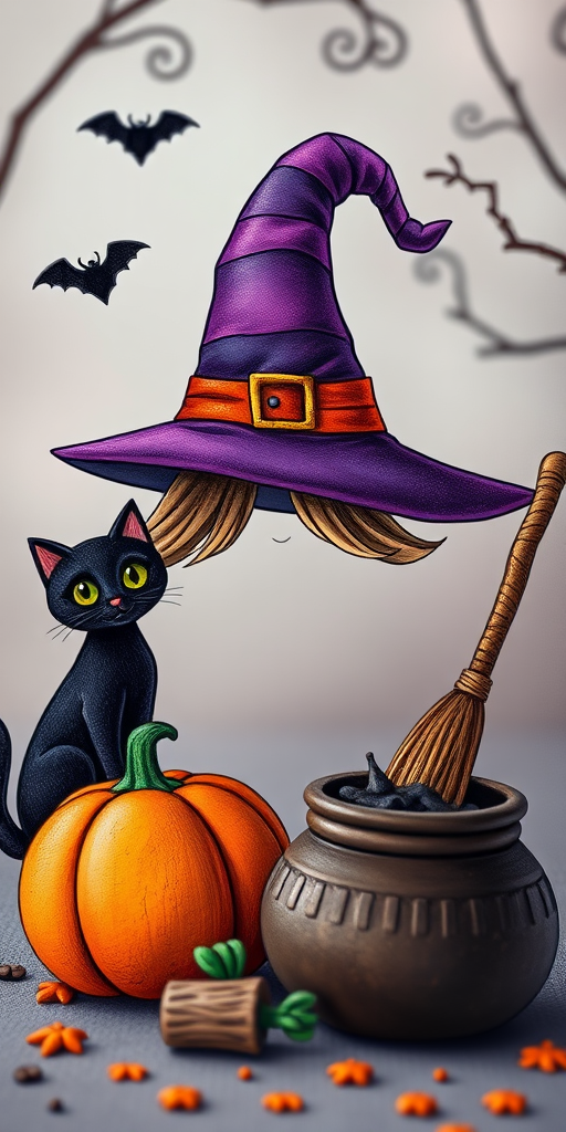 Create a whimsical Halloween-themed illustration featuring a purple witch's hat, a black cat, a pumpkin, a broomstick, and a cauldron, using a DSLR camera with a 50mm lens at f/2.8, ISO 200, and a shallow depth of field to enhance details and create a soft background blur.