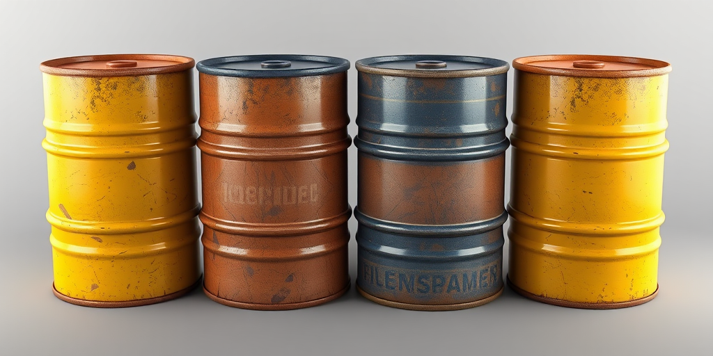 Generate a high-quality 3D render of four oil barrels with realistic textures and lighting, use a 50mm lens, aperture f/8, ISO 100, shot from a slightly elevated angle, using a DSLR camera with HDR imaging.