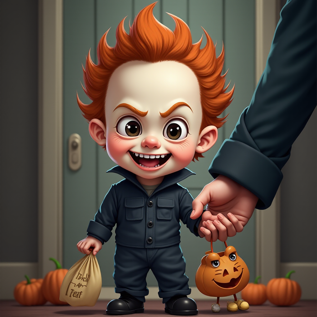 A whimsical caricature of a child version of Michael Myers, grinning mischievously. He is held by the hand of an unrecognizable person (only their hand visible), while holding a bag labeled 'Trick or Treat.' His facial expression is playful yet slightly menacing, reflecting his iconic figure. The scene is in portrait format with a Halloween theme, featuring exaggerated cartoon details like big eyes, a small body, and a creepy yet light-hearted tone.