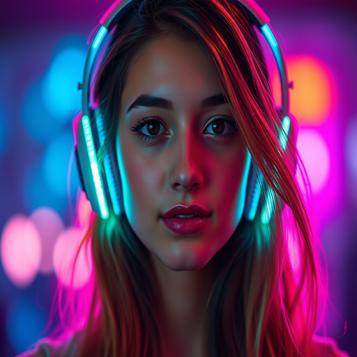 Portrait of a young woman with glowing headphones and colorful hair, vibrant light effects, soft focus, DSLR camera, f/1.8, ISO 100, 85mm lens, shallow depth of field, cinematic lighting.
