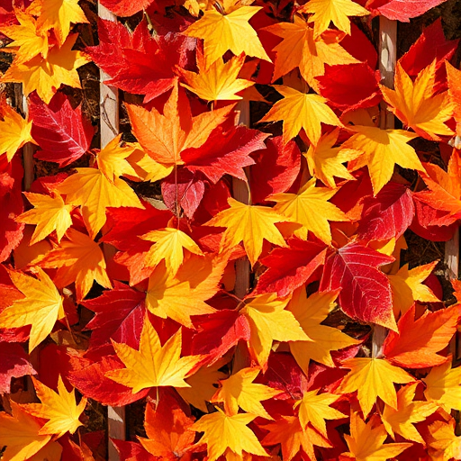 Generate an image of colorful autumn leaves in a vibrant arrangement, using a Canon EOS R5 camera with a 50mm lens, aperture set to f/1.8 for a shallow depth of field, and a bright, soft natural light setting to enhance colors.
