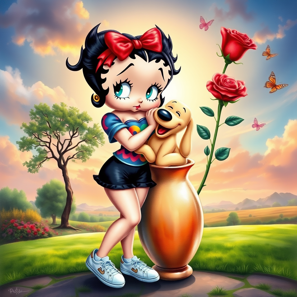 Luxury 3D HD realistic watercolor oil painting. Betty Boop with black hair in two messy buns. Red headband with big bow. He wears black shorts with a colorful t-shirt. White sneakers. She is standing hugging winnie the pooth next to a large vase with a tall red rose, There are trees and butterflies flying. The land with a beautiful lawn. Full body. Background of a sunset