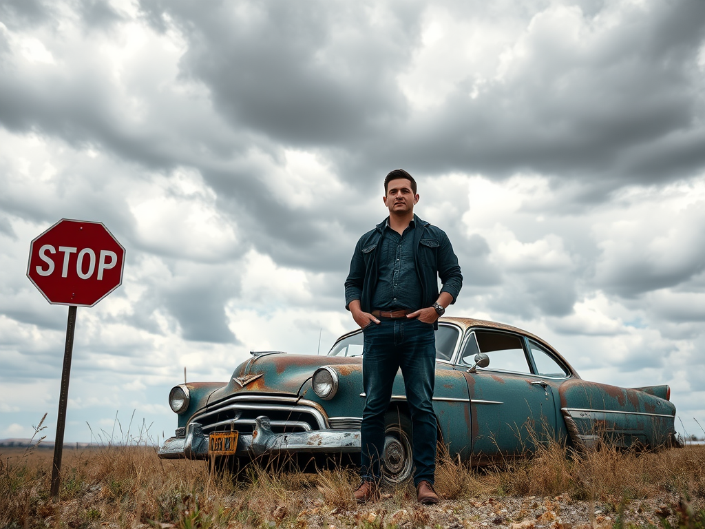 man standing in a field next to a rusty old car with a stop sign, dramatic cloudy sky, 50mm lens, f/2.8, ISO 100, natural light, low angle view, DSLR camera, HDR editing for enhanced details