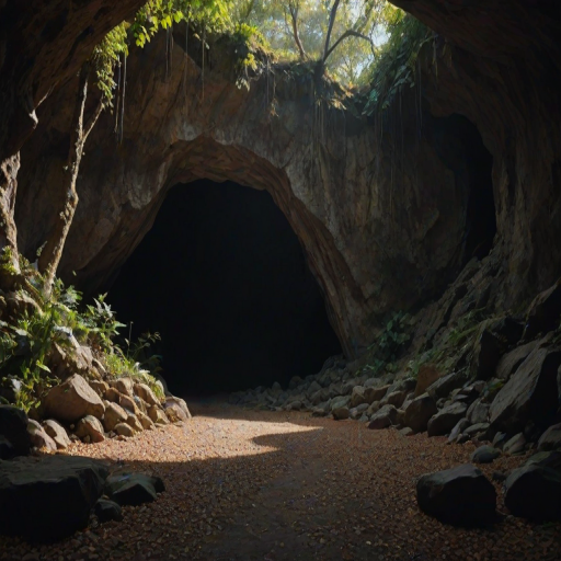 A natural landscape emerging from the darkness of a cave-like space, with rocks and vegetation covering the top and sides. Light filters through from above and a side opening, illuminating the dim interior. The foreground features a ground covered in fallen leaves and gravel with a stone path leading outward. The middle ground, viewed through the opening, reveals outside scenes including trees, bushes, and a small bridge, with vivid plant colors contrasting against the cave's shadows. The background is an open sky and more trees, with the sky bright white indicating clear weather. Overall, the image presents a tranquil and mysterious transition from darkness to light. high quality photo, ultra-detailed, sharp focus, photorealistic, serene and mystic atmosphere.