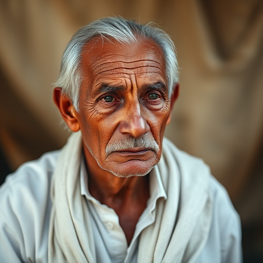 portrait of an elderly man with a thoughtful expression, wearing a simple white shirt and draped cloth, soft bokeh background, captured with a 85mm f/1.4 lens, ISO 200, shutter speed 1/200s, natural lighting, DSLR camera