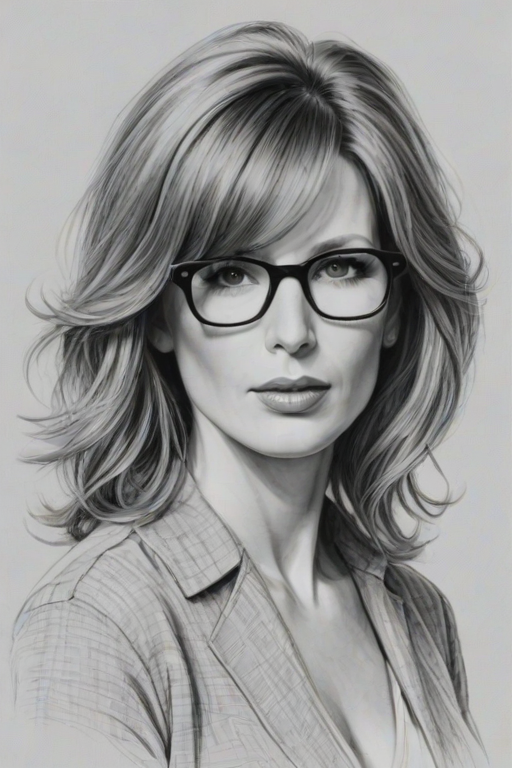 Enticing Kelly Reilly, pencil sketch, portrait of Enchanting woman 1962s in glasses, hair style beatnik, outline, clear lines, fine lines, 8k
