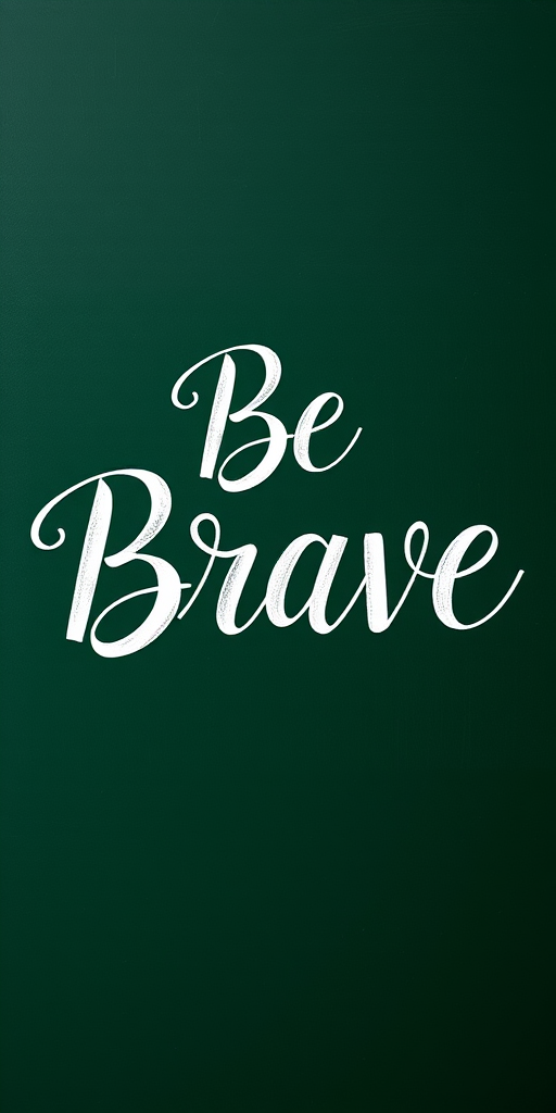 Create a high-resolution image of the phrase "Be Brave" written in elegant, swirling white chalk on a dark green chalkboard, using a DSLR camera at f/2.8 aperture, 50mm lens, natural lighting, and a slight vignette effect for depth.
