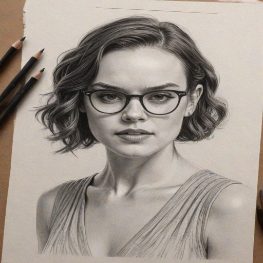 Elegant Daisy Ridley, pencil sketch, portrait of Enchanting woman 1929s in glasses, hair style beatnik, outline, clear lines, fine lines, 8k