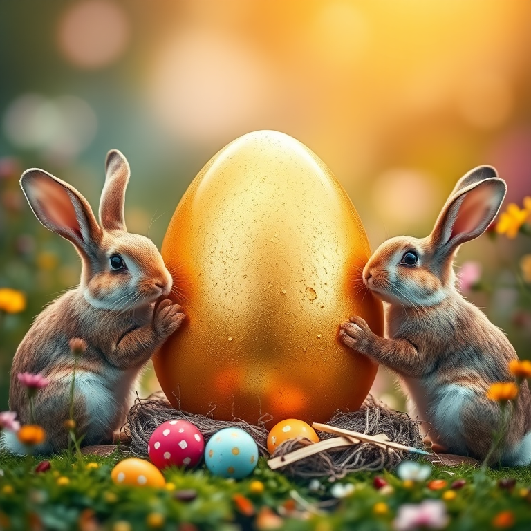 A whimsical scene of rabbits painting a large golden egg, vibrant colors with a soft focus background, shot with a Canon EOS R5, 50mm f/1.2 lens, aperture f/2.8, ISO 100, natural light for enhanced clarity and detail.