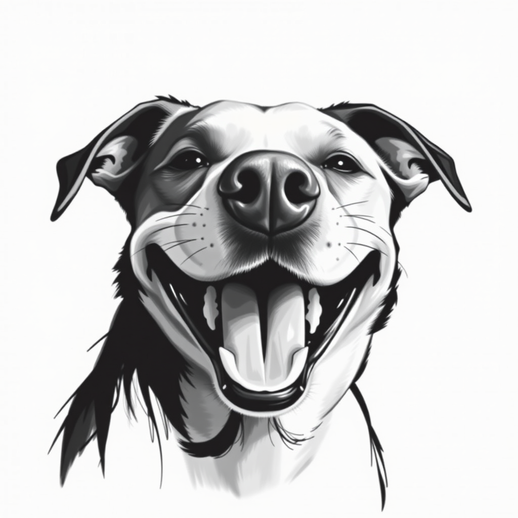 Abstract black and white acrylic portrait of an over exaggerated laughing (dog). Minimalism style. White background.