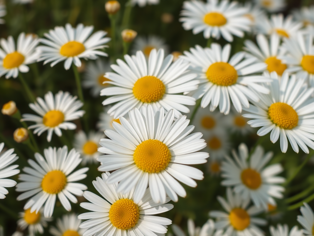 Close-up shot of a field of white daisies with yellow centers, soft natural lighting, f/2.8 aperture, 50mm lens, ISO 200, shallow depth of field, DSLR camera, vibrant colors, high contrast.