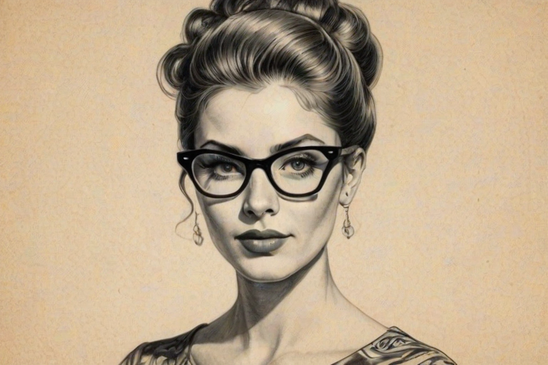 Sublime Lilith Czar, pencil sketch, portrait of Exquisite woman 1958s in glasses, hair style beatnik, outline, clear lines, fine lines, 8k