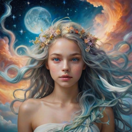 Create a series of imaginative portraits where each subject is infused with elements of fantasy and nature. The hair of the individuals should flow like clouds, varying from soft, fluffy cumulus to wispy cirrus strands, with hints of color reflecting a sunset or a clear blue sky. The eyes should be windows to entire galaxies, with stars, nebulae, and distant planets visible within them. Clothing should be adorned with nature motifs, such as floral patterns that bloom and change, vines that seem to grow and wrap around, or feathers that shimmer with iridescence. Each portrait should capture a unique personality, blending human features with the ethereal beauty of the natural and cosmic world. The backgrounds can vary, from starry night skies to enchanted forests, adding depth and context to the magical realism of the portraits