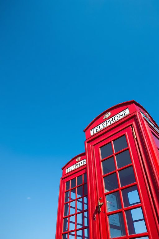Create a high-resolution image of a classic red British telephone booth standing alone against a clear blue sky, shot with a Canon EOS R5 at f/8 aperture, 1/250 sec shutter speed, ISO 100, using a wide-angle lens from a low angle perspective to emphasize its height and detail.