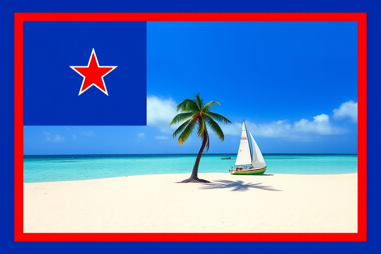 Create an image of the Guam flag featuring a palm tree and a sailboat on a beach scene within a blue and red border, shot with a DSLR camera, aperture f/4, ISO 100, 24mm lens, and using a vibrant color profile for enhanced quality.