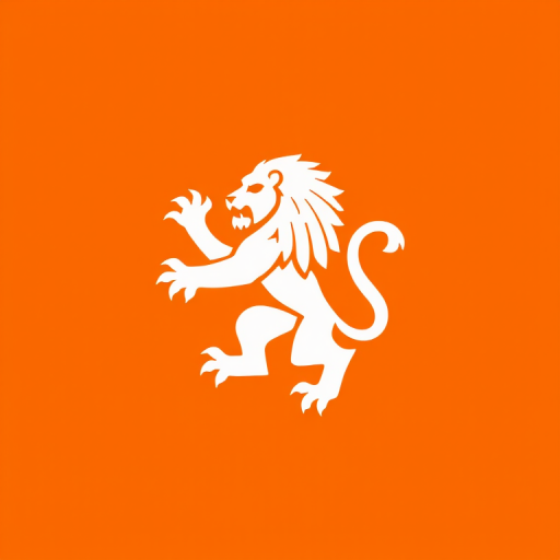 Create a high-resolution white lion emblem on a solid orange background with a Canon EOS R5, 50mm lens, f/1.8 aperture, ISO 100, and a shallow depth of field to enhance details and contrast.